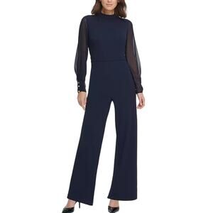 DKNY Chiffon Sleeve Mock Neck Wide Leg Jumpsuit Size 4  Navy Blue
